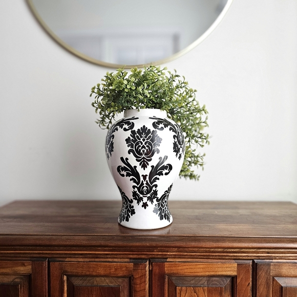 Black & White Damask Ceramic Vase 11" Tall Decorative Home Accent - Picture 13 of 13